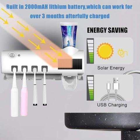 USB & Solar Rechargeable Toothbrush Holder & Toothpaste Dispenser