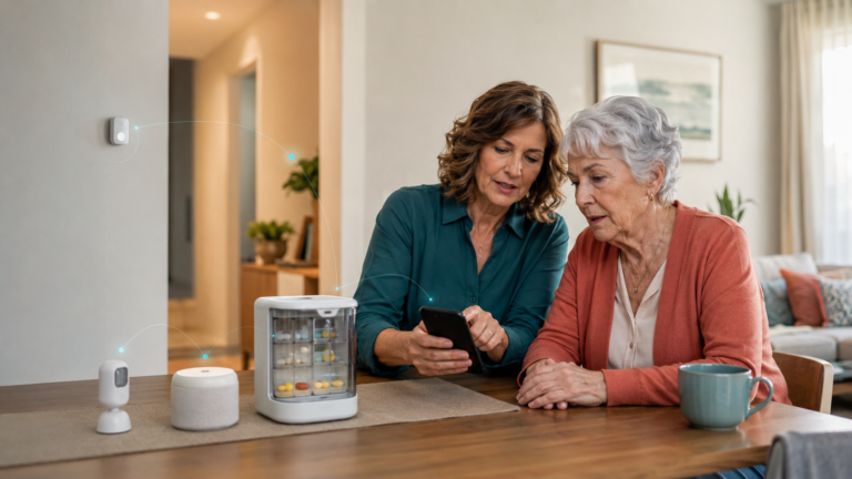 dult daughter helping her aging mother choose AgeTech devices at home