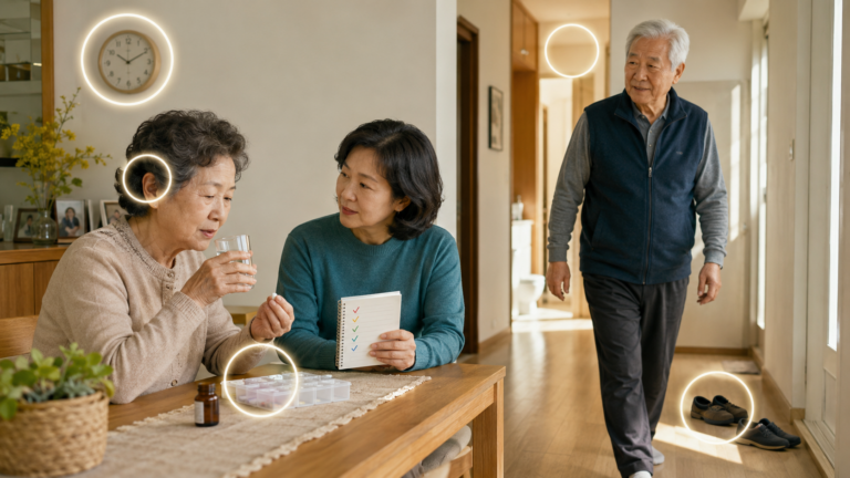 성인 자녀가 고령 부모님의 복약과 보행 등 하루의 다섯 가지 생활 신호를 살피는 모습