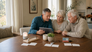 Adult son and older parents planning aging-in-place expenses and longevity economy purchases